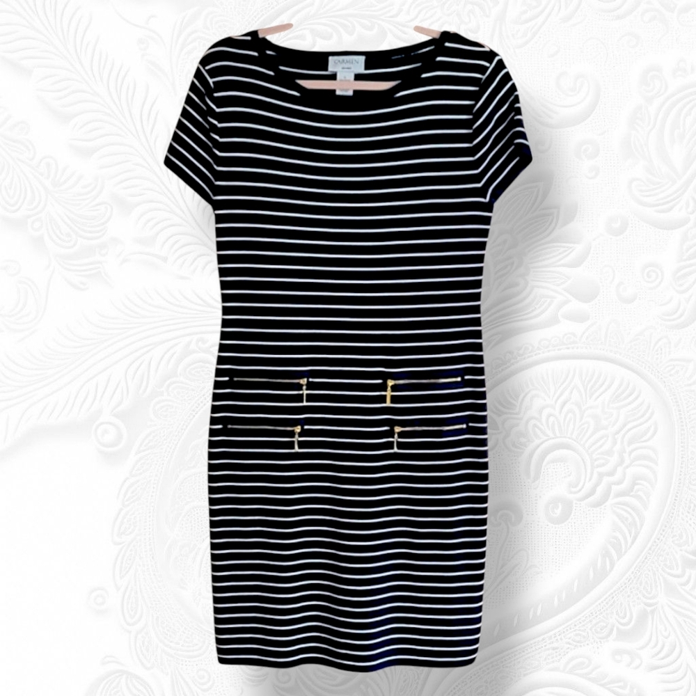 HP🎉 Carmen Marc Valvo Short Sleeve Striped Midi Dress - Size L